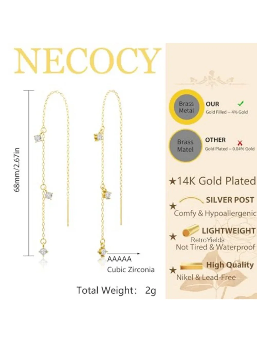 14K Gold Plated Dangle Earrings for Women Non Tarnish Hypoallergenic Drop